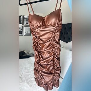 Fall Brown Leather Ruched Bodycon Dress